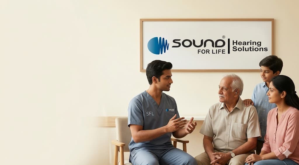 Indian family with senior man receiving hearing care support