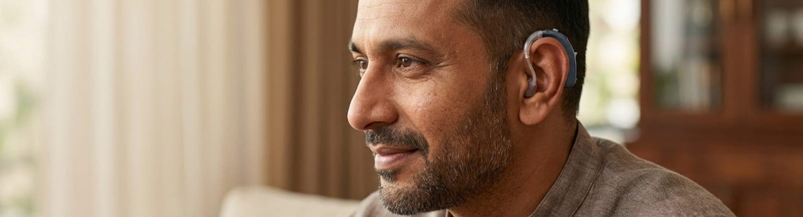 Close-up of a person wearing a hearing aid